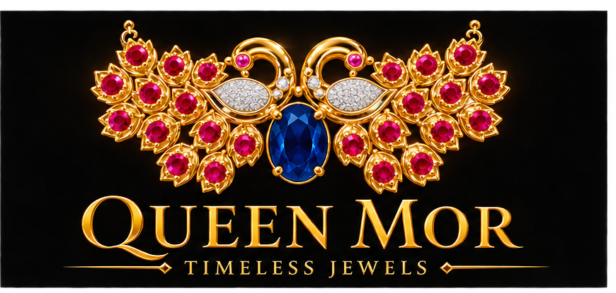 Queen Mor — two-peacock emblem with central sapphire