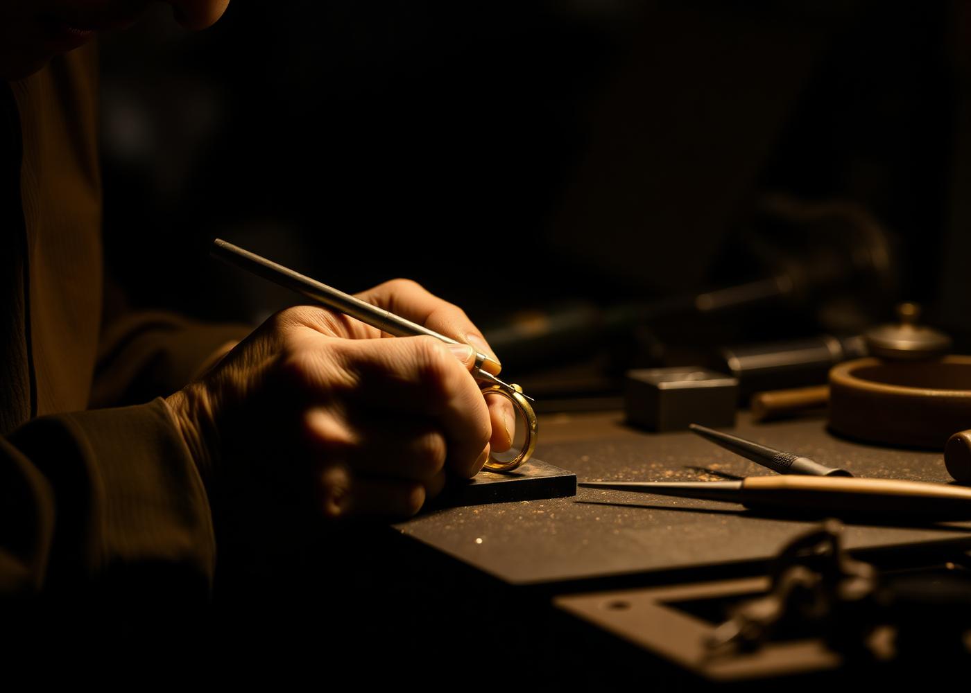 Goldsmith shaping a gold ring at the workbench